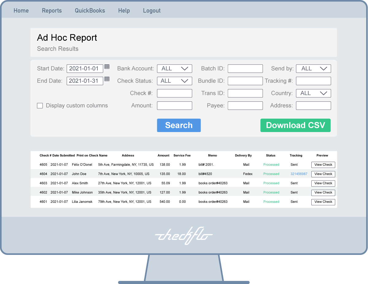 Checkflo Ad-Hoc Search and Ad-Hoc Report - Check Payments List