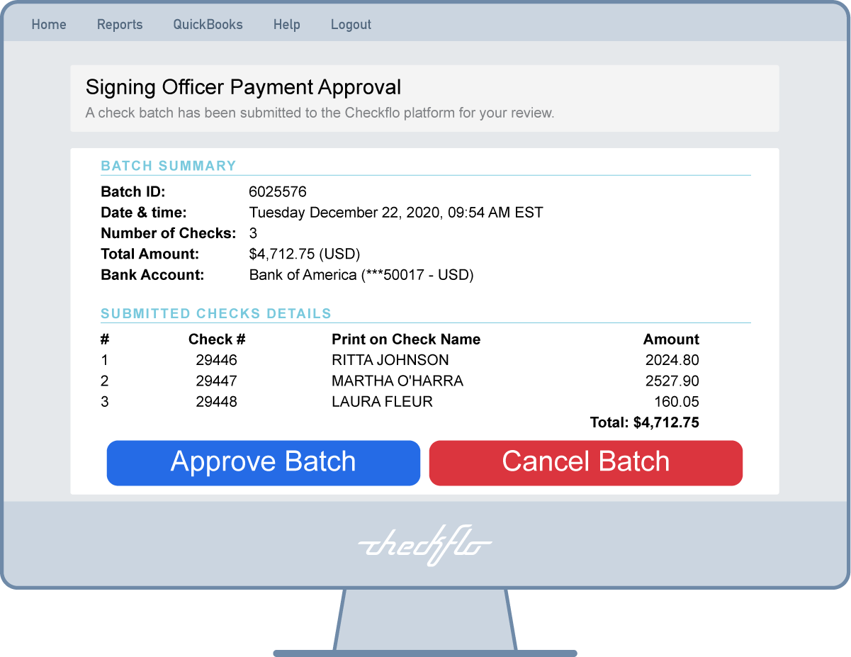 Bank Check Payment Approvals by Signing Officer