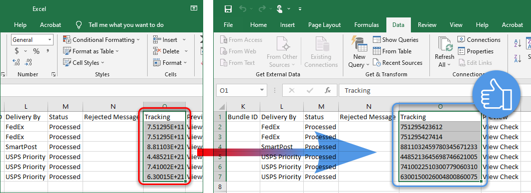 Solving Long USPS Tracking Numbers Problem in MS Excel