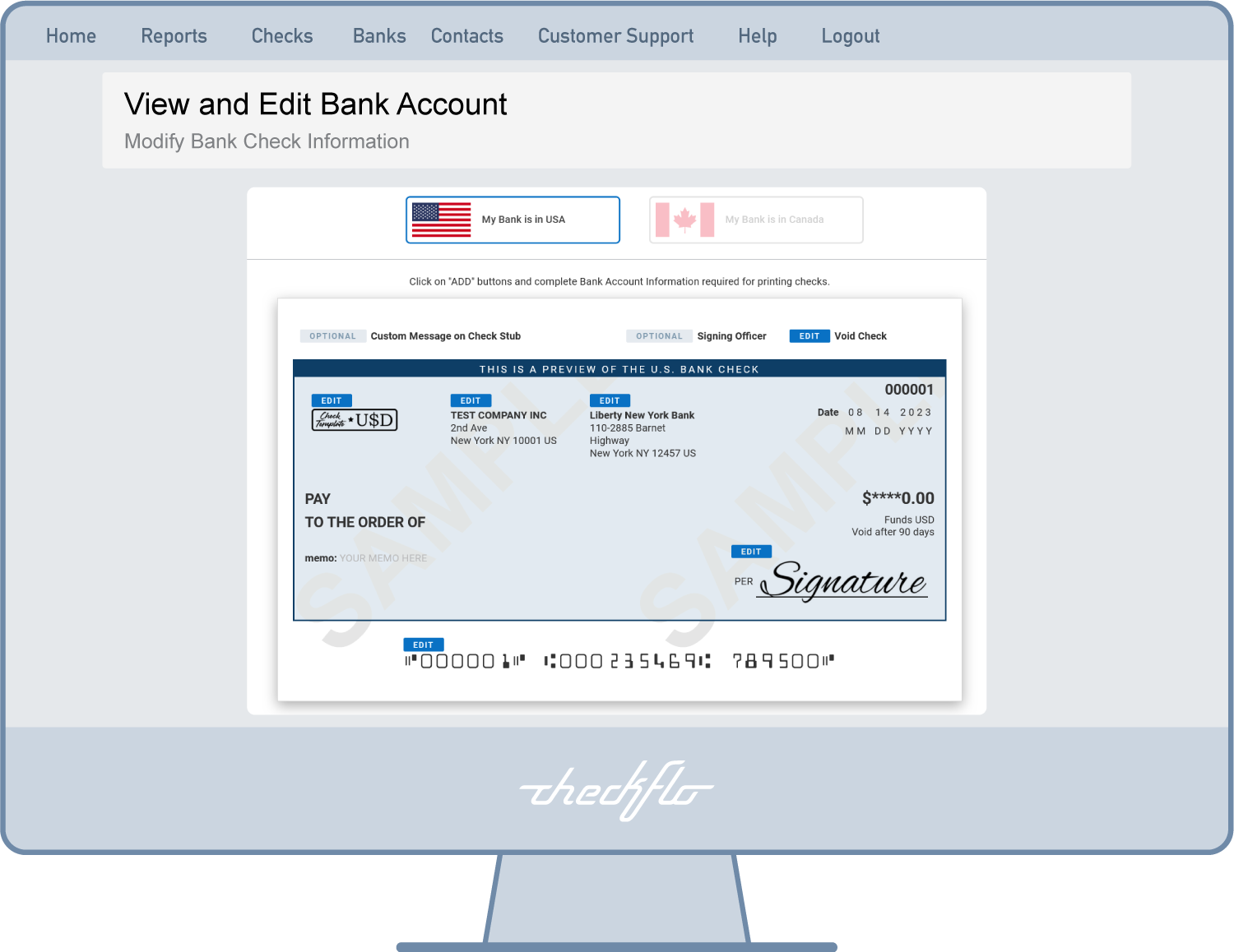 Edit Bank Check Information