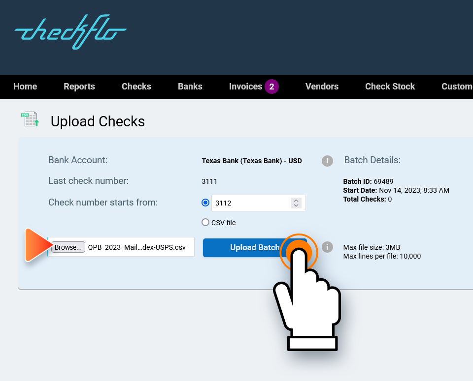 Upload Check Payments using CSV file - Step: Browse and Select your CSV File to upload your Check Payments